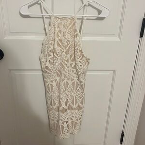 White lace halter mini dress